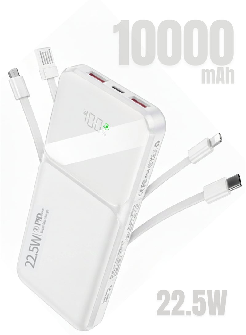 Levino Power Bank 10000mAh 22.5W Fast Charging, Flight Approved Lightweight Portable Powerbank with 4 Built-in Cables (USB, Type-C, Lightning, Mini USB), 2 USB + Type-C Port, Overheat Protection & Auto Charging Stop, Universal Fast Charger – White - Image 1